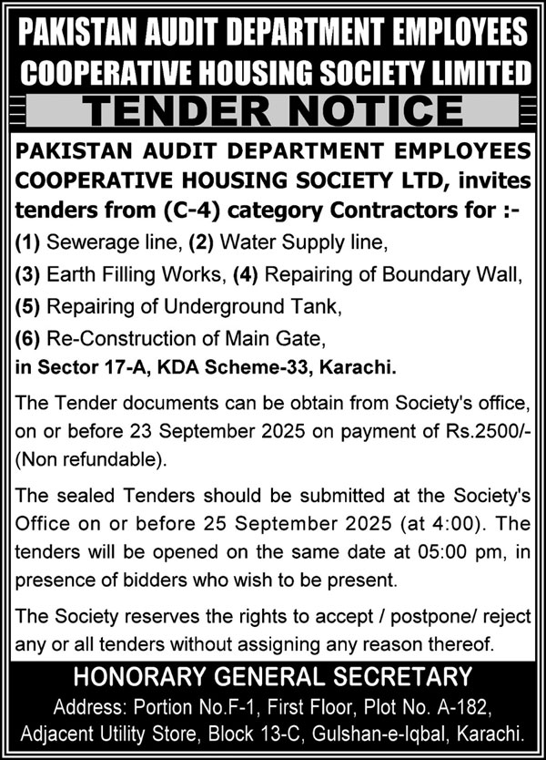 Pakistan Audit Department Employees Cooperative Housing Society Tender Notice